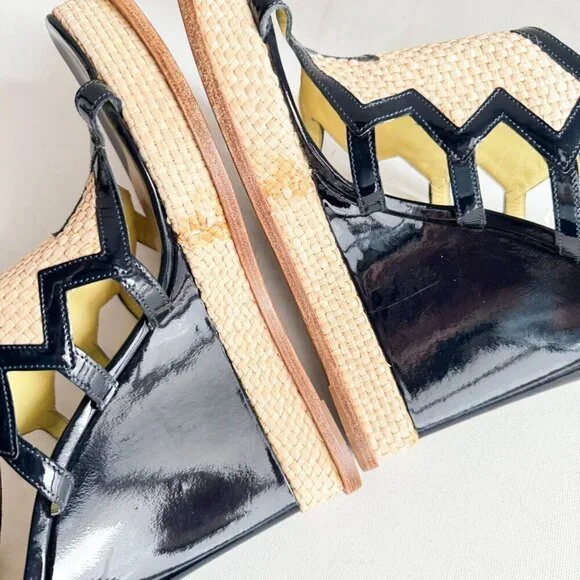 Pollini Raffia Patent Leather Navy Blue Wedge Summer Heels 40 - Picture 7 of 8